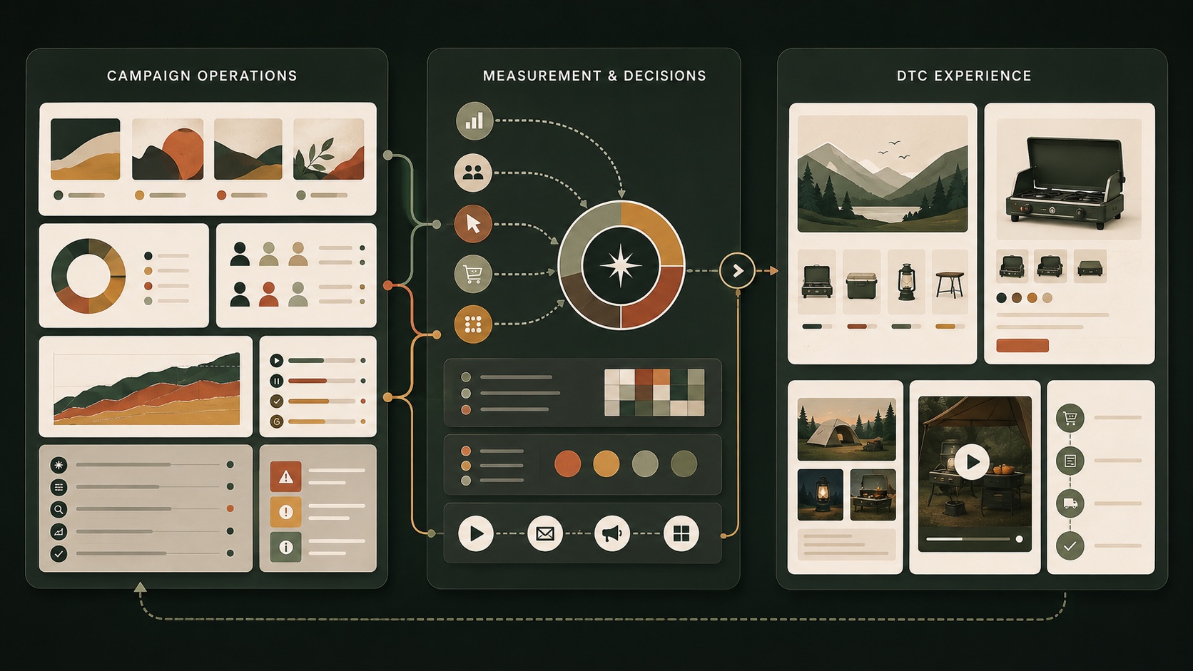 An anonymized operating model connecting campaign operations, measurement and decisions, and the direct-to-consumer experience