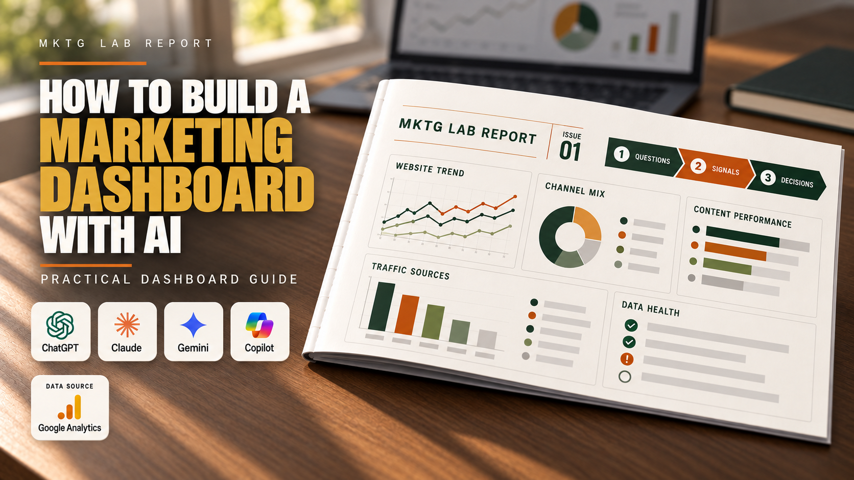 MKTG Lab Report dashboard guide showing website trends, channel mix, content performance, traffic sources, and data health, with AI assistant and Google Analytics badges
