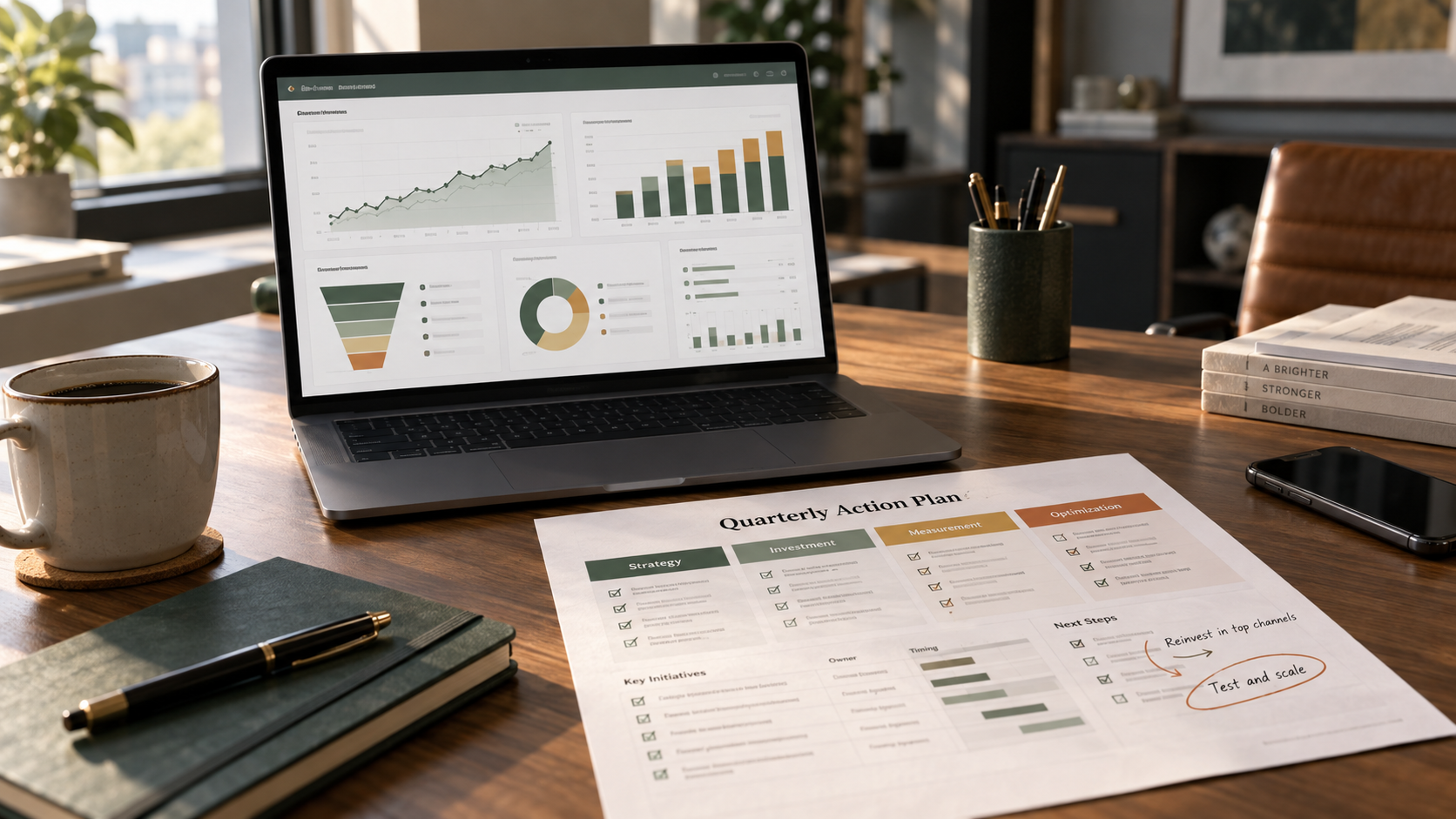 A performance dashboard and quarterly action plan on a modern office desk