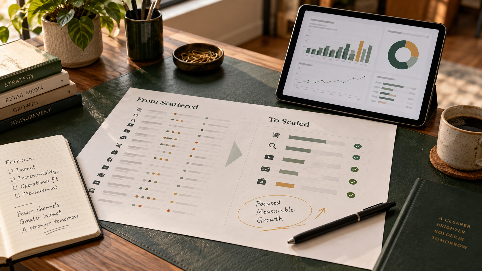 A focused retail media portfolio plan beside a performance dashboard in a modern strategy workspace