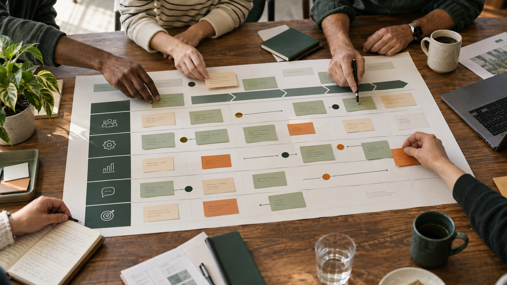 A team arranging roles, ownership, and workflow on an operating-model board