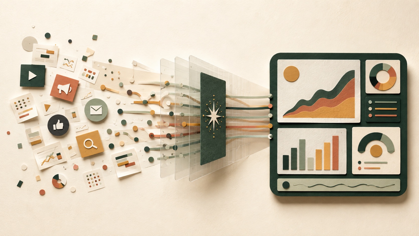Marketing inputs moving through an AI-assisted workflow into a clear decision dashboard